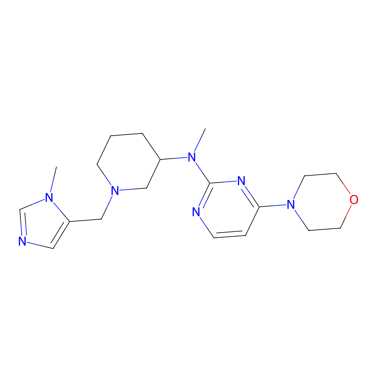 N-methyl-N-{1-[(1-methyl-1H-imidazol-5-yl)methyl]piperidin-3-yl}-4-(morpholin-4-yl)pyrimidin-2-amine molecular structure, CAS 3054621-98-3
