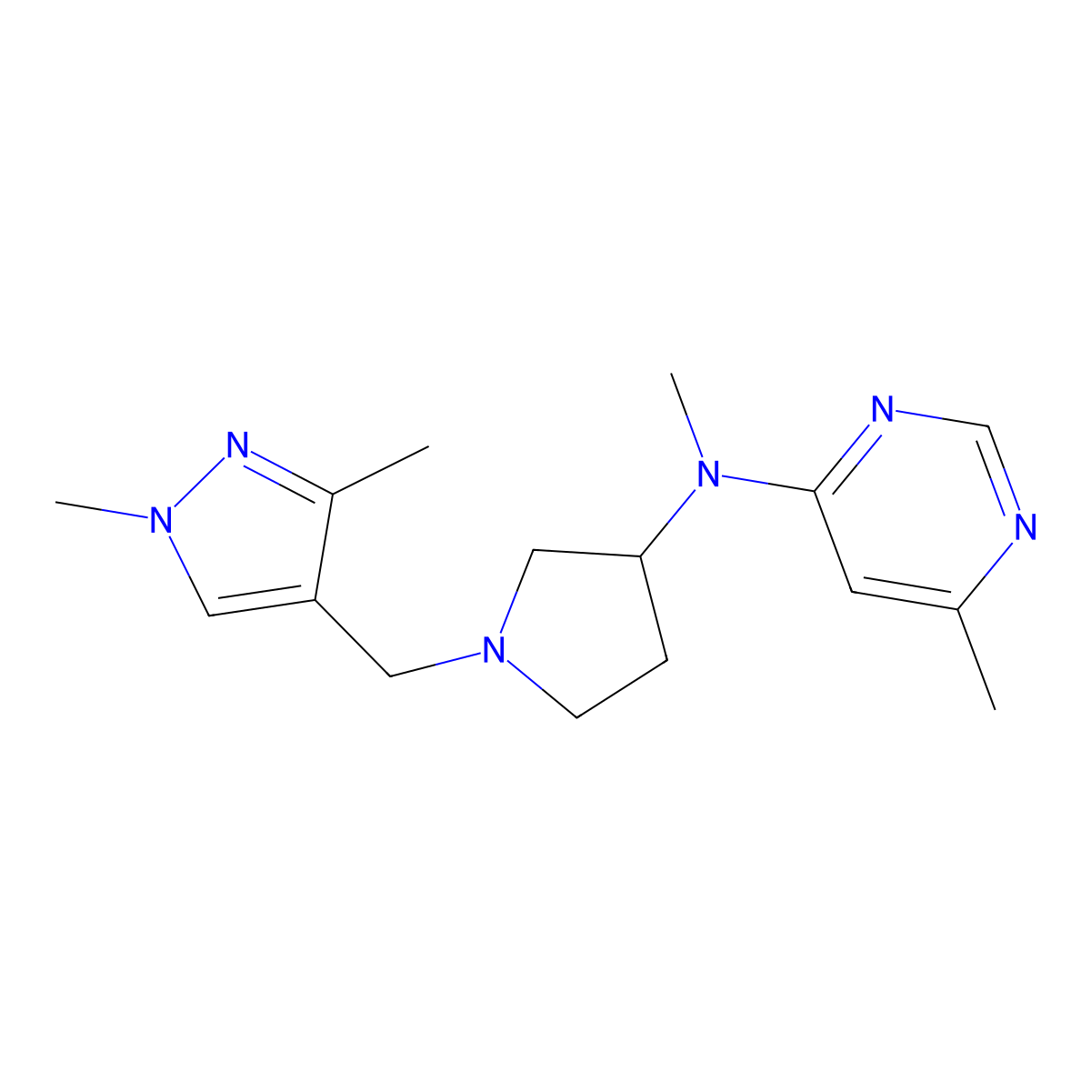 N-{1-[(1,3-dimethyl-1H-pyrazol-4-yl)methyl]pyrrolidin-3-yl}-N,6-dimethylpyrimidin-4-amine molecular structure, CAS 3054621-99-4