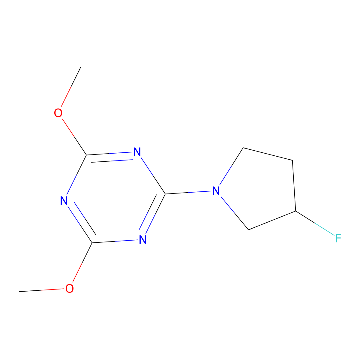2-(3-Fluoropyrrolidin-1-yl)-4,6-dimethoxy-1,3,5-triazine molecular structure, CAS 3054622-01-1