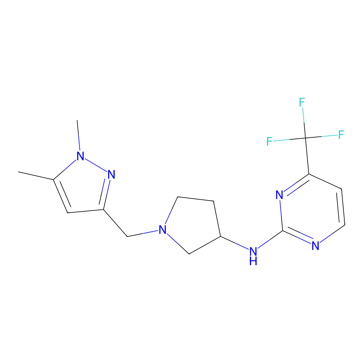 N-{1-[(1,5-dimethyl-1H-pyrazol-3-yl)methyl]pyrrolidin-3-yl}-4-(trifluoromethyl)pyrimidin-2-amine molecular structure, CAS 3054622-12-4