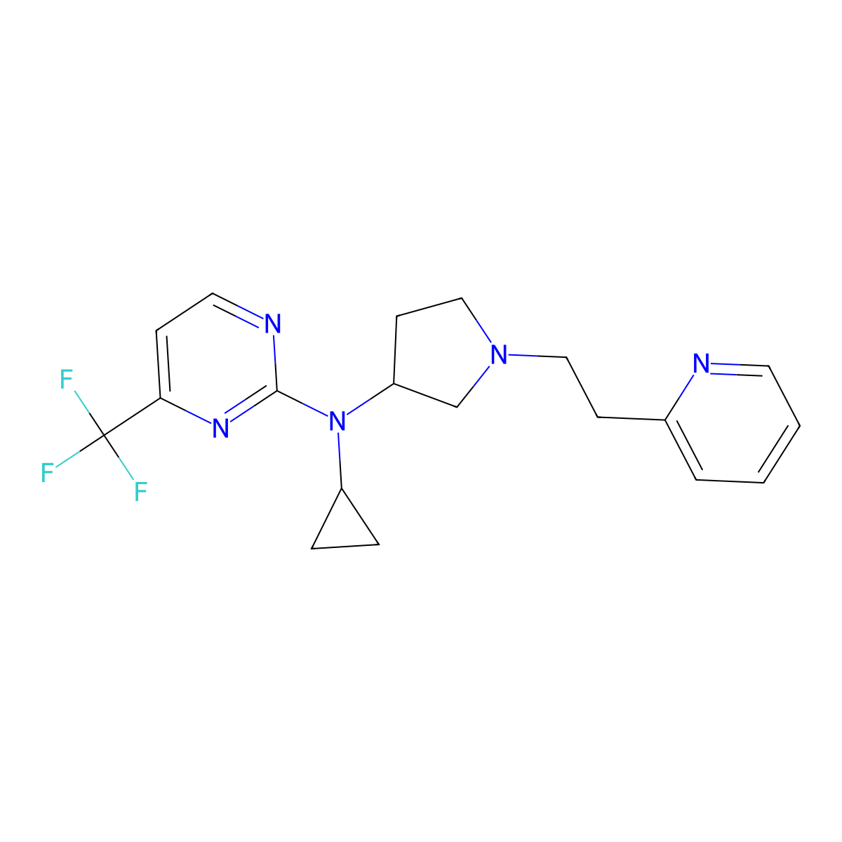 N-cyclopropyl-N-{1-[2-(pyridin-2-yl)ethyl]pyrrolidin-3-yl}-4-(trifluoromethyl)pyrimidin-2-amine molecular structure, CAS 3054622-16-8
