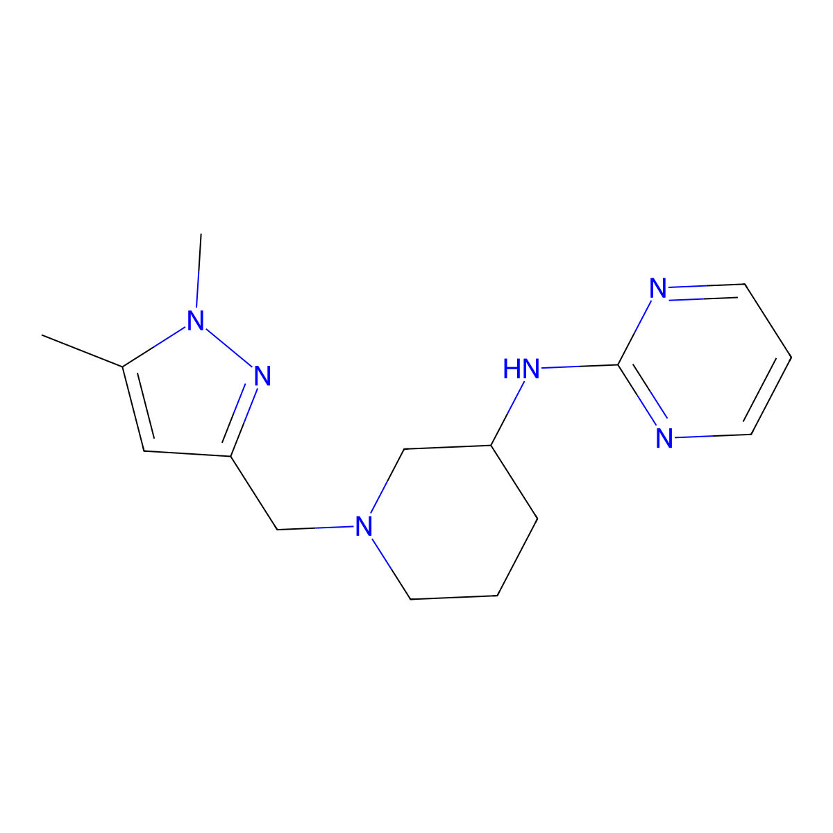 N-{1-[(1,5-dimethyl-1H-pyrazol-3-yl)methyl]piperidin-3-yl}pyrimidin-2-amine molecular structure, CAS 3054622-18-0