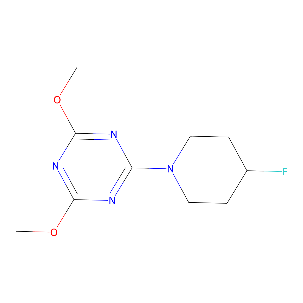 2-(4-Fluoropiperidin-1-yl)-4,6-dimethoxy-1,3,5-triazine molecular structure, CAS 3054622-20-4