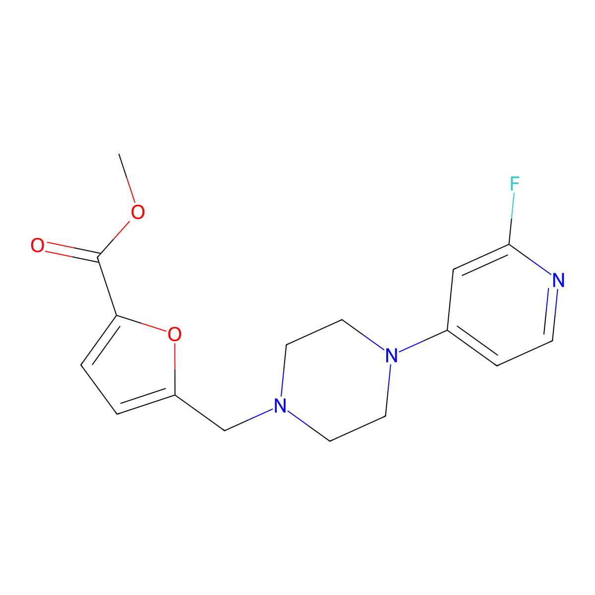 Methyl 5-{[4-(2-fluoropyridin-4-yl)piperazin-1-yl]methyl}furan-2-carboxylate molecular structure, CAS 3054622-22-6