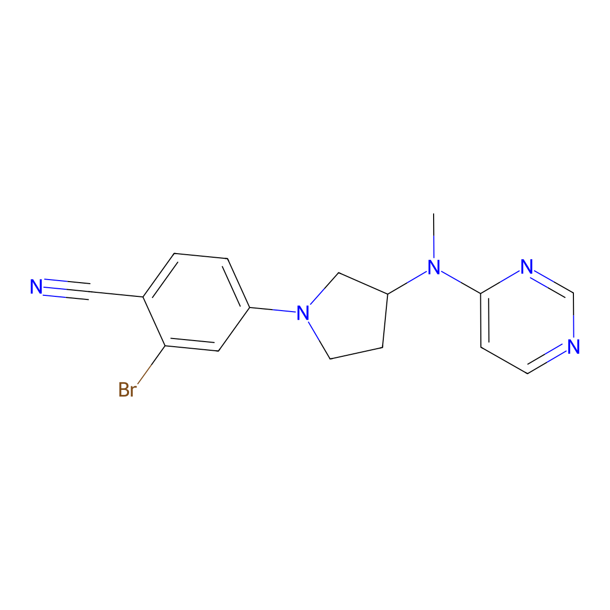 2-Bromo-4-{3-[methyl(pyrimidin-4-yl)amino]pyrrolidin-1-yl}benzonitrile molecular structure, CAS 3054622-37-3