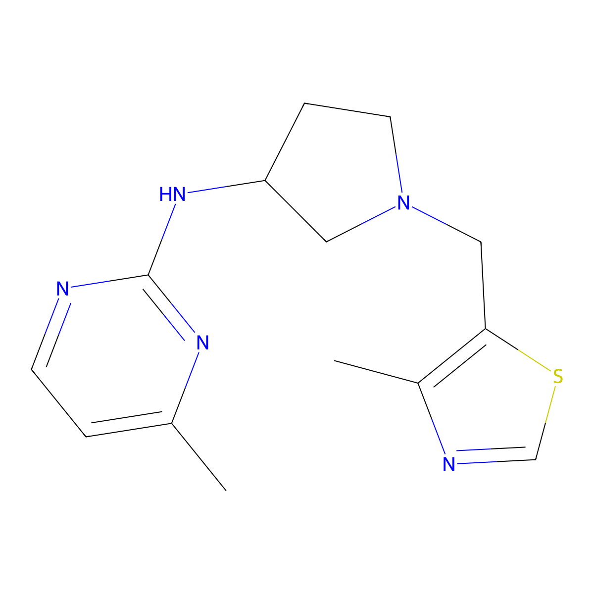 4-methyl-N-{1-[(4-methyl-1,3-thiazol-5-yl)methyl]pyrrolidin-3-yl}pyrimidin-2-amine molecular structure, CAS 3054622-43-1
