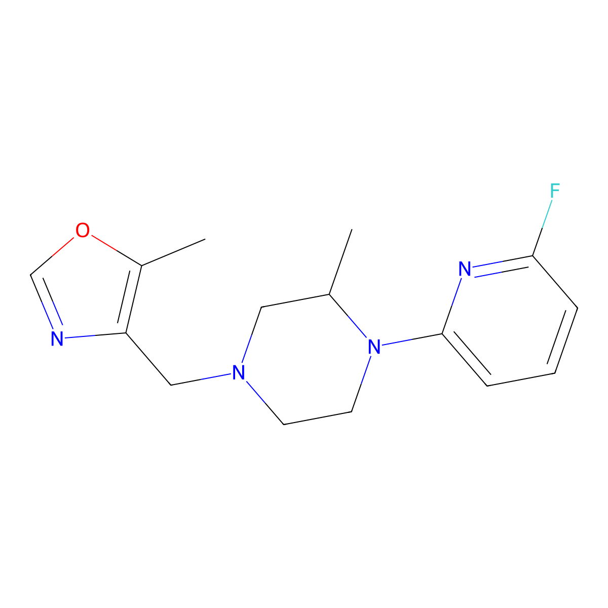 1-(6-Fluoropyridin-2-yl)-2-methyl-4-[(5-methyl-1,3-oxazol-4-yl)methyl]piperazine molecular structure, CAS 3054622-51-1