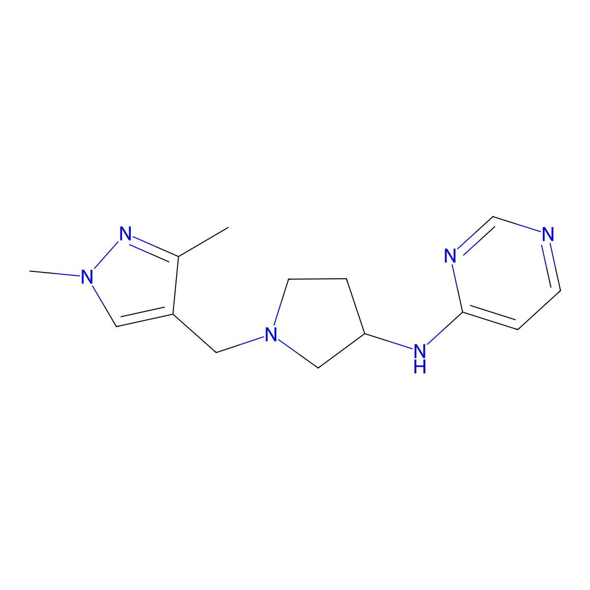 N-{1-[(1,3-dimethyl-1H-pyrazol-4-yl)methyl]pyrrolidin-3-yl}pyrimidin-4-amine molecular structure, CAS 3054622-53-3