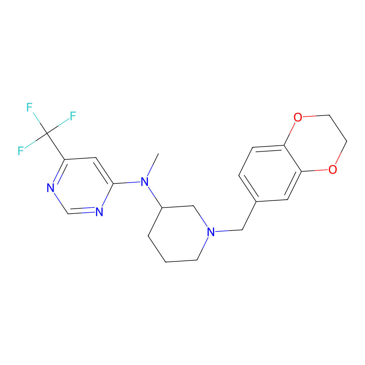 N-{1-[(2,3-dihydro-1,4-benzodioxin-6-yl)methyl]piperidin-3-yl}-N-methyl-6-(trifluoromethyl)pyrimidin-4-amine molecular structure, CAS 3054622-61-3