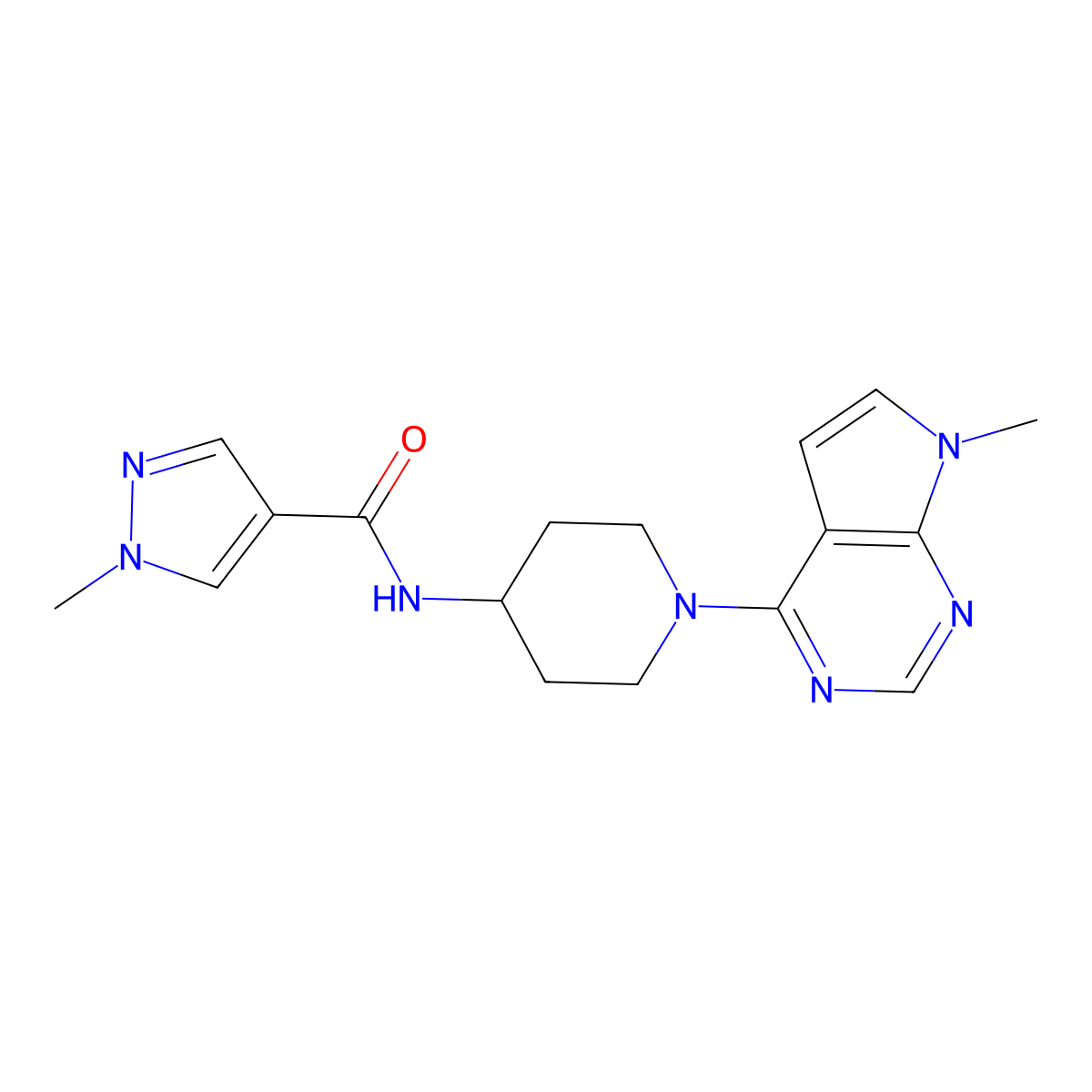 1-methyl-N-(1-{7-methyl-7H-pyrrolo[2,3-d]pyrimidin-4-yl}piperidin-4-yl)-1H-pyrazole-4-carboxamide molecular structure, CAS 3054622-65-7