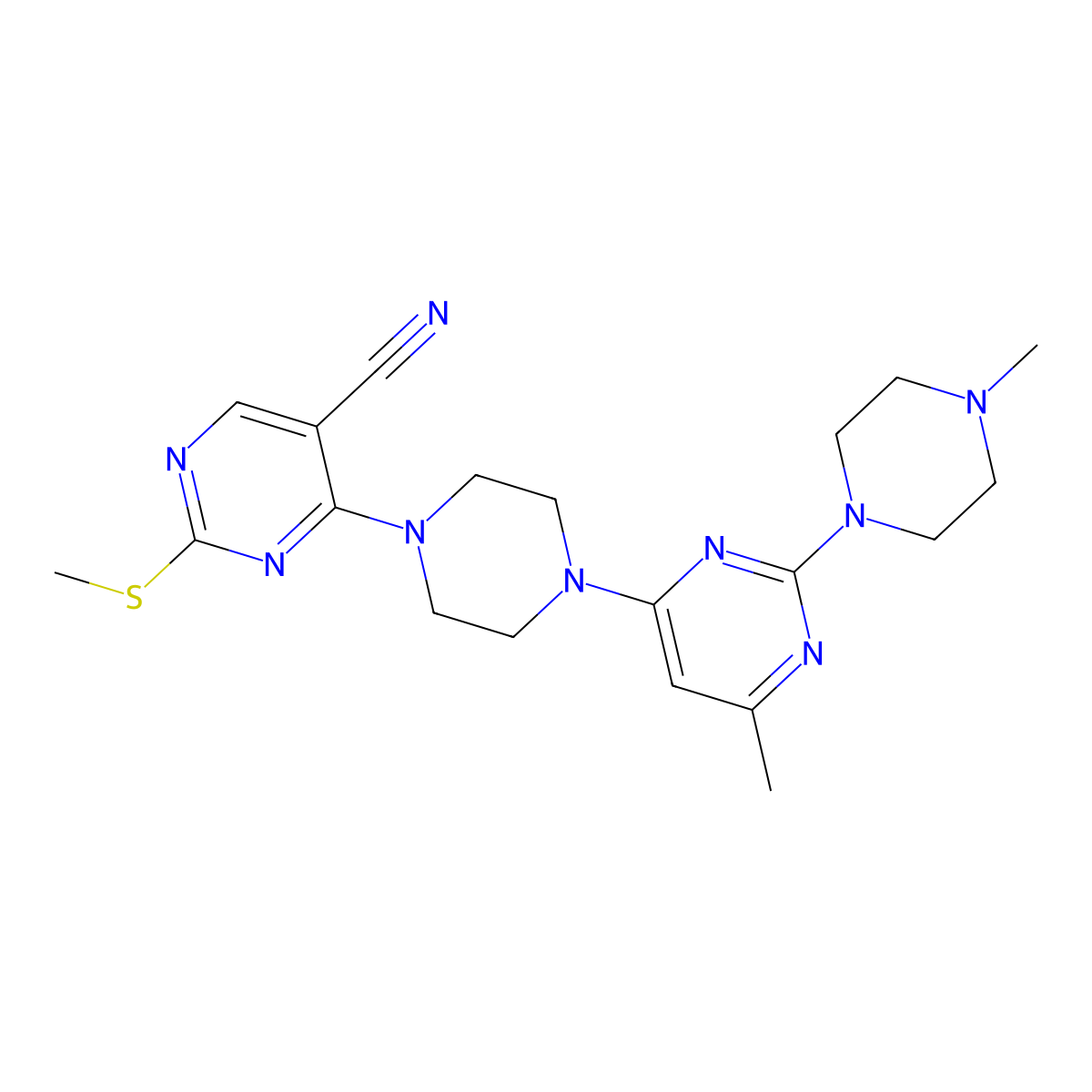 4-{4-[6-Methyl-2-(4-methylpiperazin-1-yl)pyrimidin-4-yl]piperazin-1-yl}-2-(methylsulfanyl)pyrimidine-5-carbonitrile molecular structure, CAS 3054622-70-4