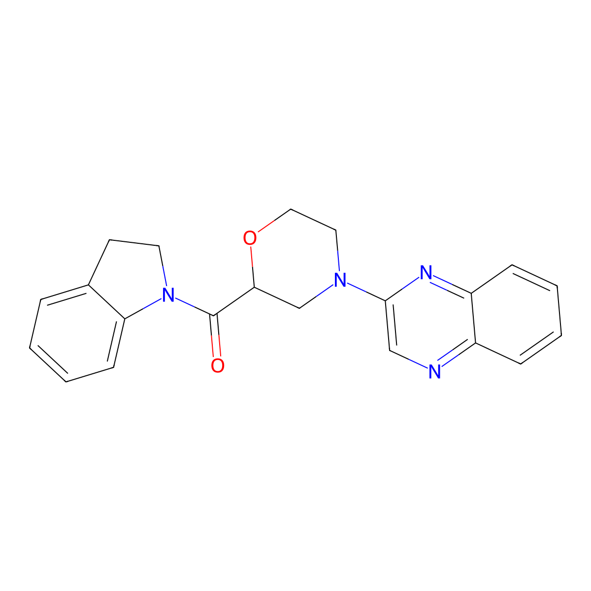 2-[2-(2,3-dihydro-1H-indole-1-carbonyl)morpholin-4-yl]quinoxaline molecular structure, CAS 3054622-72-6