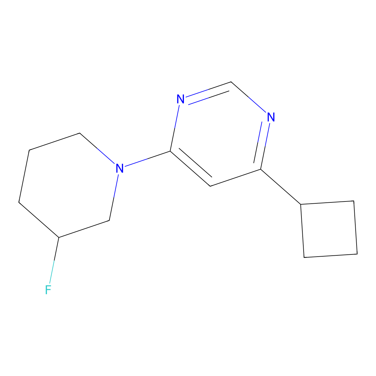 4-Cyclobutyl-6-(3-fluoropiperidin-1-yl)pyrimidine molecular structure, CAS 3054622-73-7