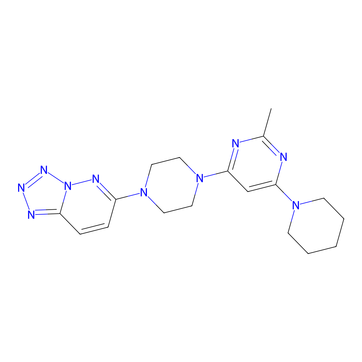 2-Methyl-4-(piperidin-1-yl)-6-(4-{[1,2,3,4]tetrazolo[1,5-b]pyridazin-6-yl}piperazin-1-yl)pyrimidine molecular structure, CAS 3054622-75-9