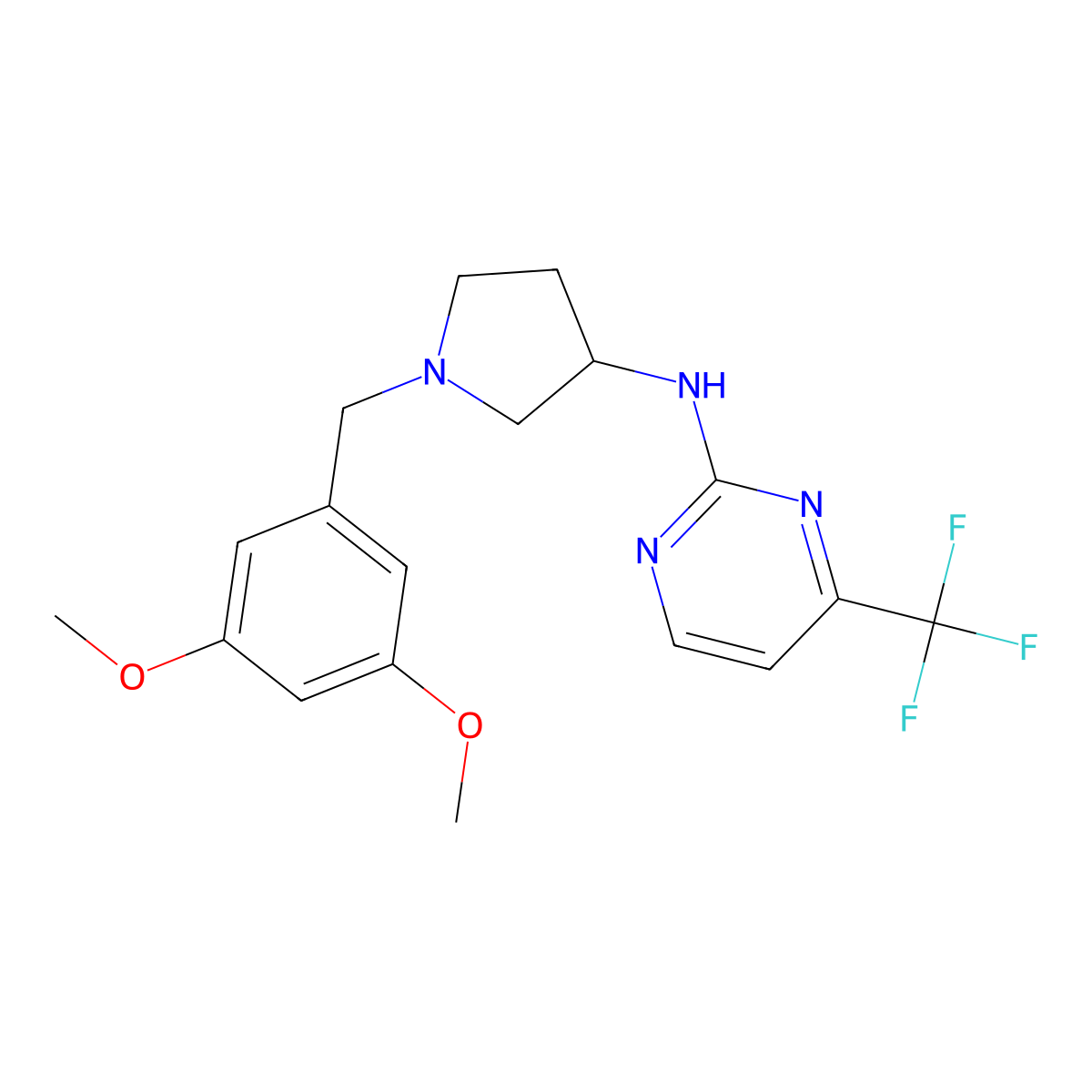 N-{1-[(3,5-dimethoxyphenyl)methyl]pyrrolidin-3-yl}-4-(trifluoromethyl)pyrimidin-2-amine molecular structure, CAS 3054622-86-2
