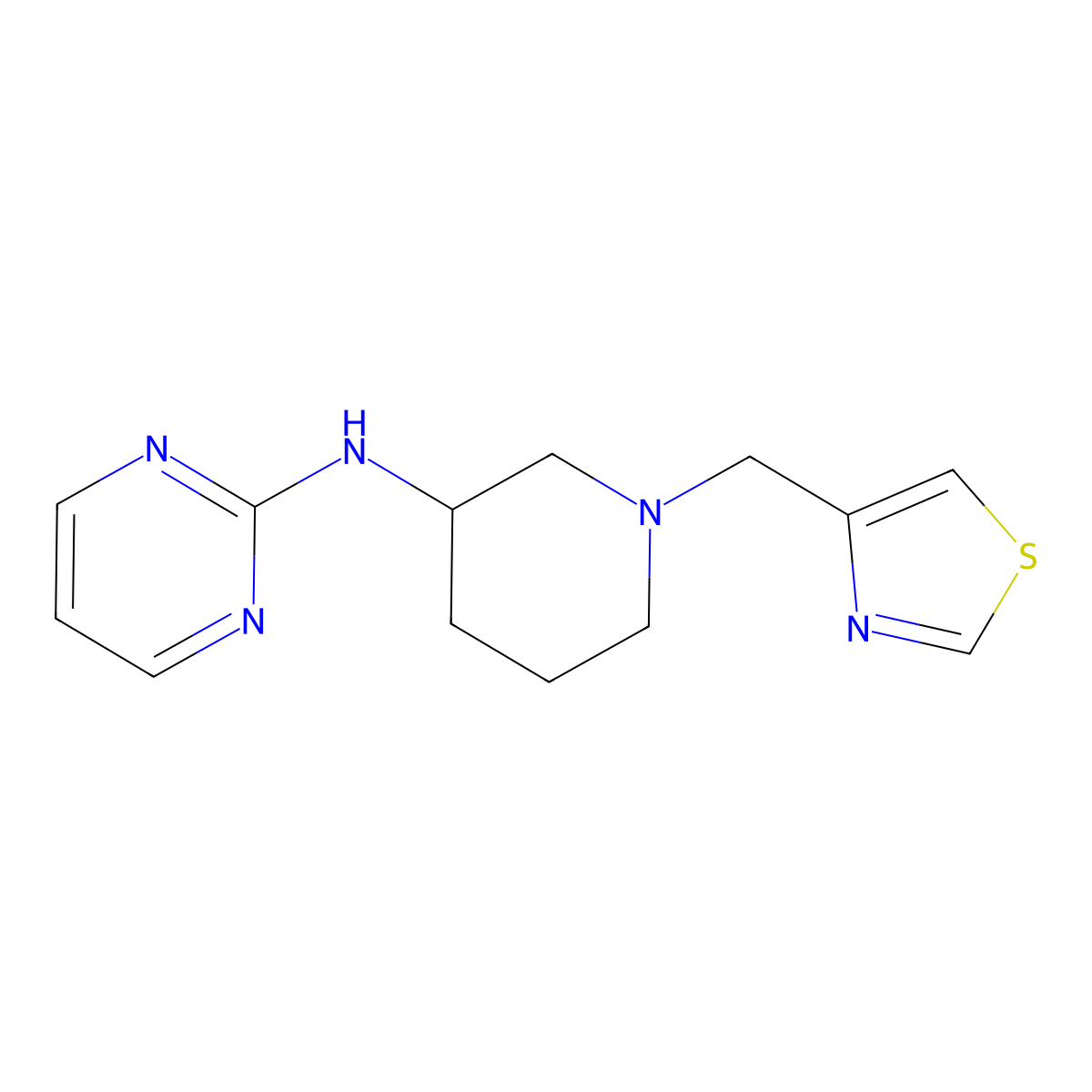 N-{1-[(1,3-thiazol-4-yl)methyl]piperidin-3-yl}pyrimidin-2-amine molecular structure, CAS 3054622-93-1