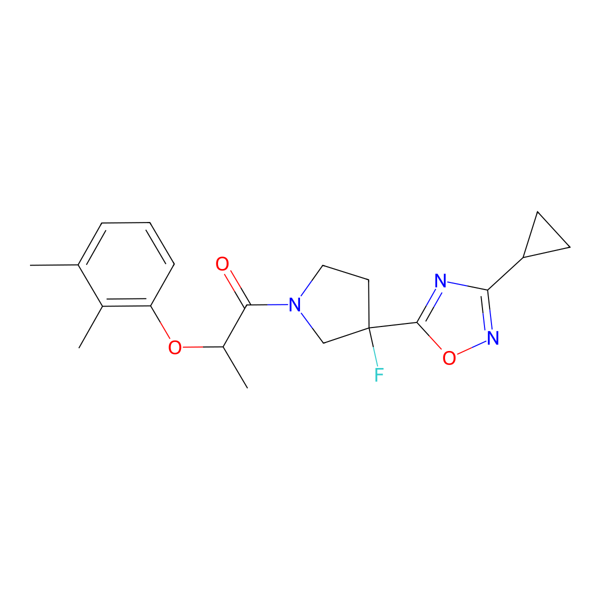 1-[3-(3-Cyclopropyl-1,2,4-oxadiazol-5-yl)-3-fluoropyrrolidin-1-yl]-2-(2,3-dimethylphenoxy)propan-1-one molecular structure, CAS 3054622-99-7