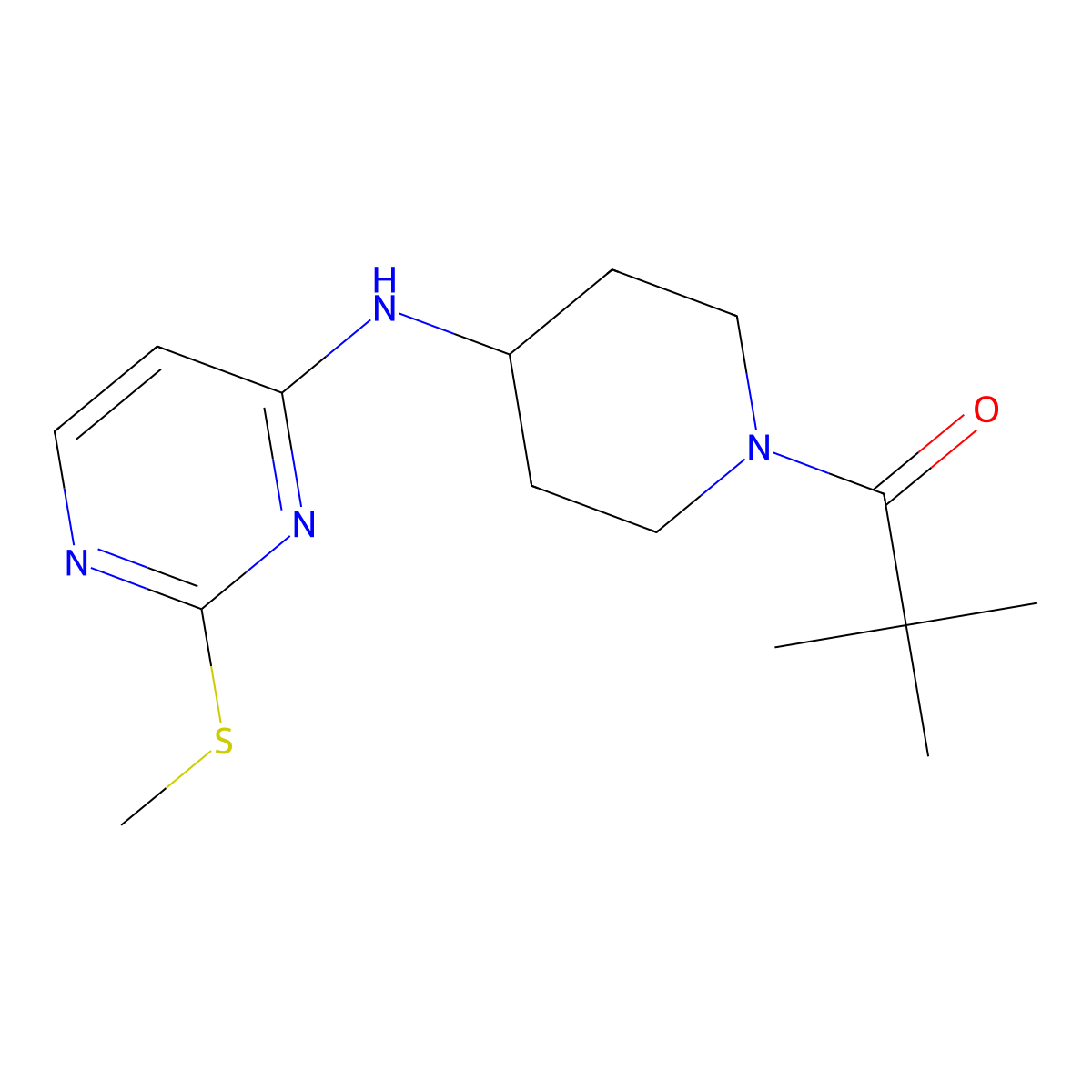 2,2-Dimethyl-1-(4-{[2-(methylsulfanyl)pyrimidin-4-yl]amino}piperidin-1-yl)propan-1-one molecular structure, CAS 3054623-08-1