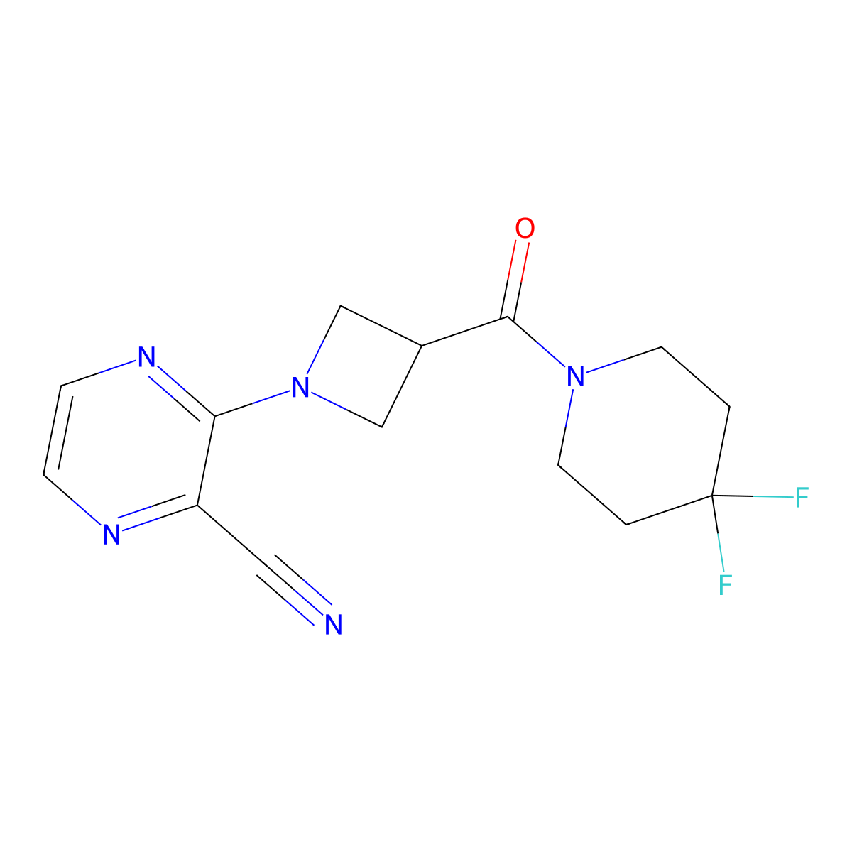 3-[3-(4,4-Difluoropiperidine-1-carbonyl)azetidin-1-yl]pyrazine-2-carbonitrile molecular structure, CAS 3054623-15-0
