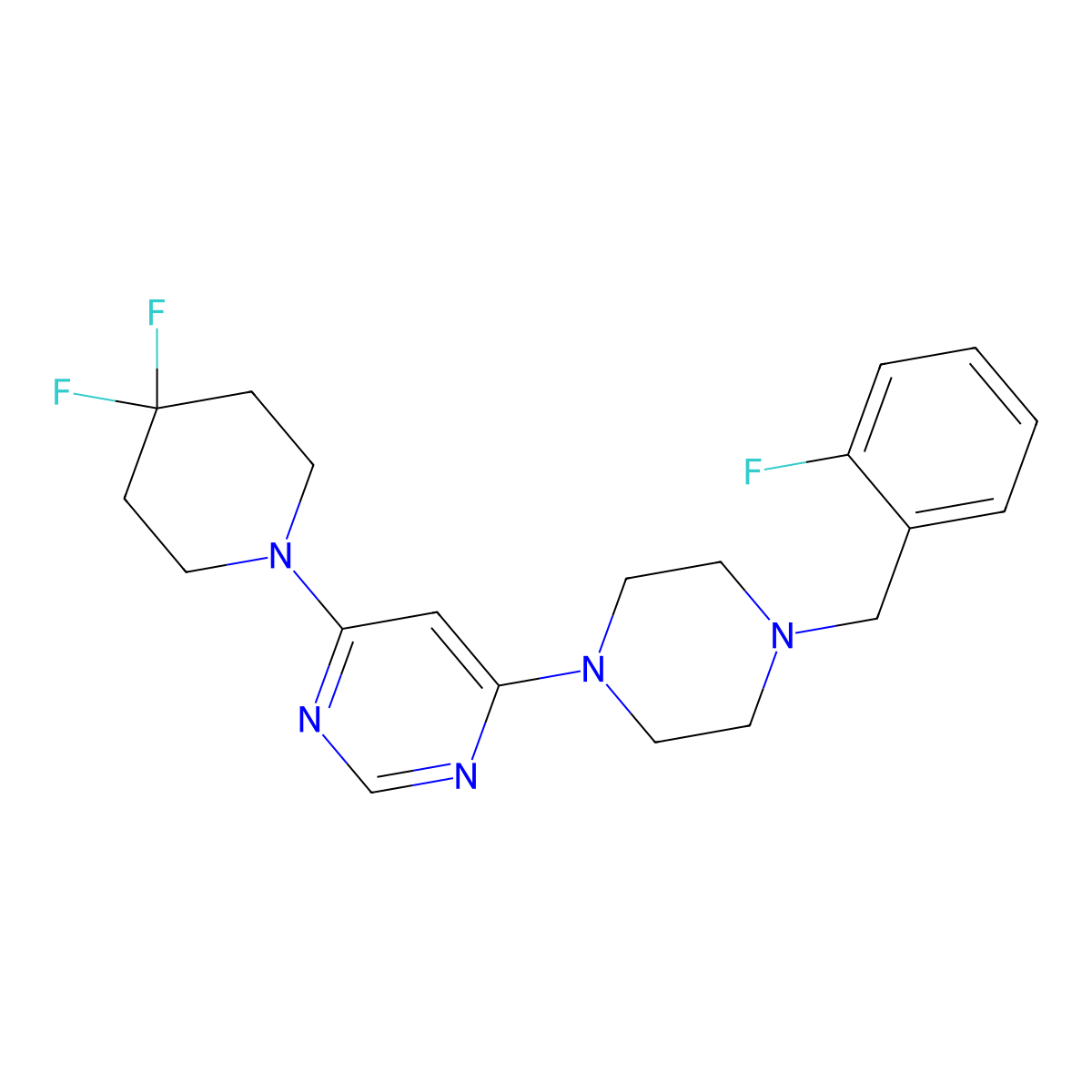 4-(4,4-Difluoropiperidin-1-yl)-6-{4-[(2-fluorophenyl)methyl]piperazin-1-yl}pyrimidine molecular structure, CAS 3054623-25-2