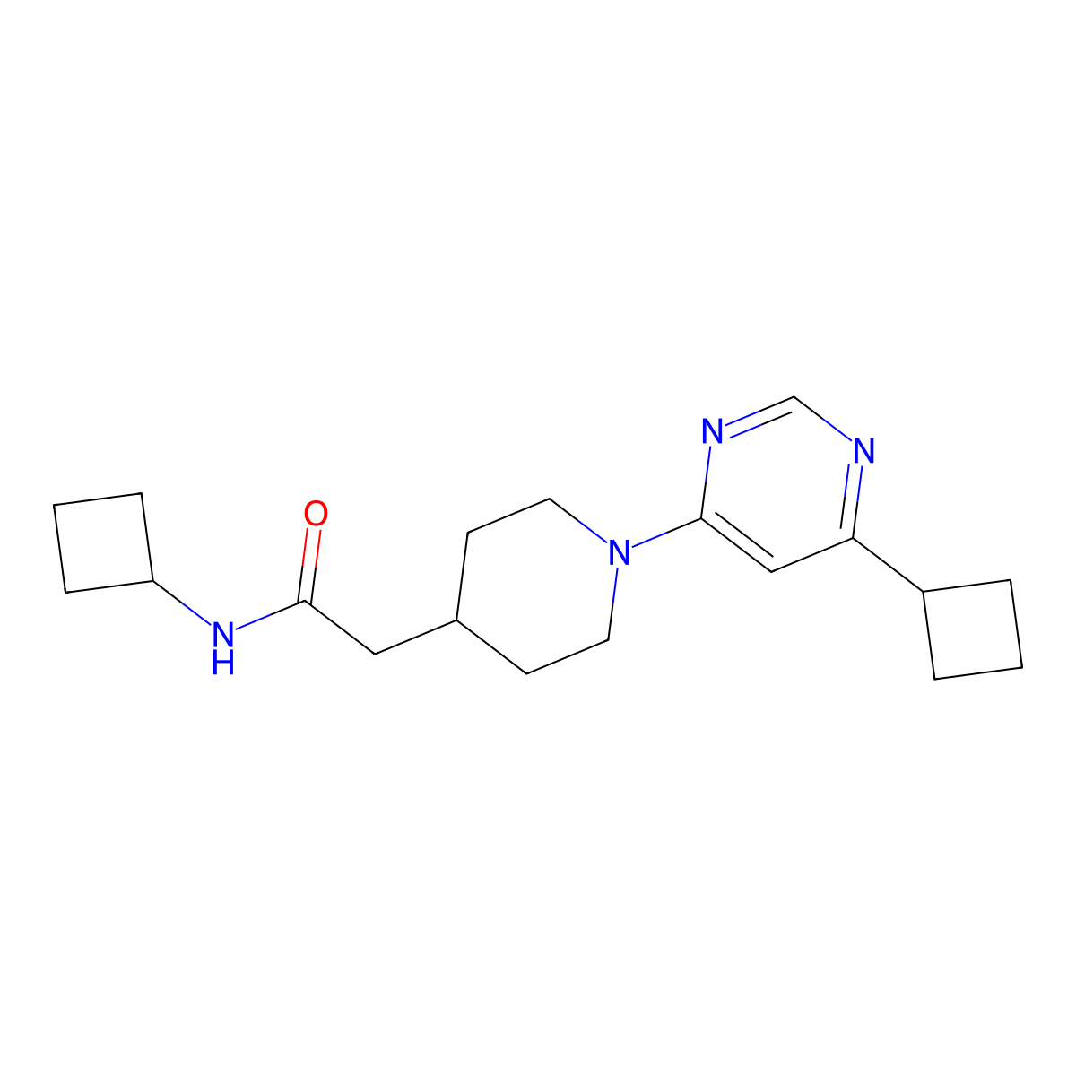 N-cyclobutyl-2-[1-(6-cyclobutylpyrimidin-4-yl)piperidin-4-yl]acetamide molecular structure, CAS 3054623-28-5