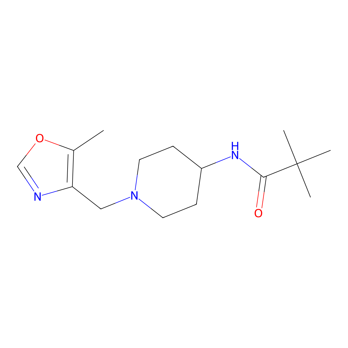 2,2-dimethyl-N-{1-[(5-methyl-1,3-oxazol-4-yl)methyl]piperidin-4-yl}propanamide molecular structure, CAS 3054623-35-4