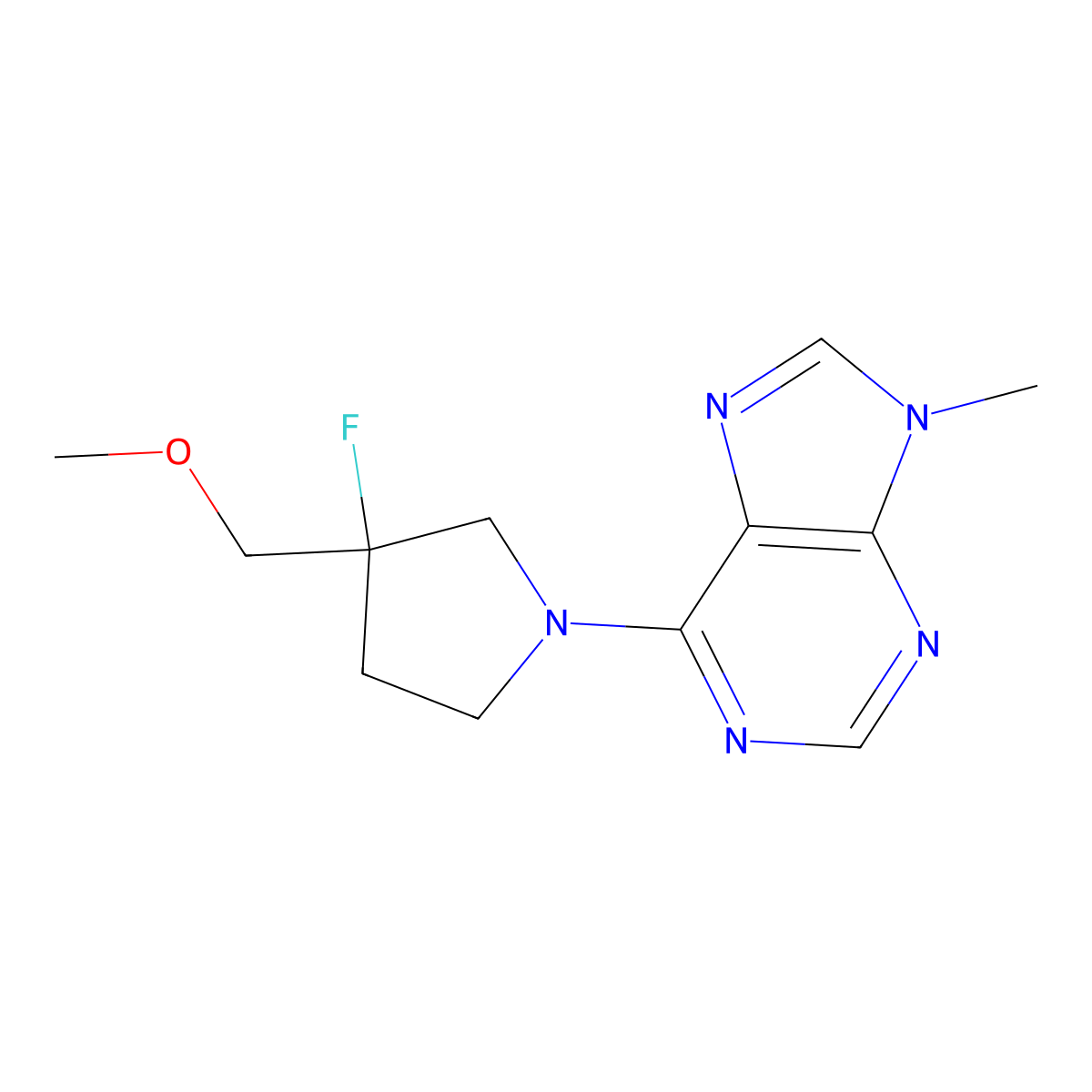 6-[3-fluoro-3-(methoxymethyl)pyrrolidin-1-yl]-9-methyl-9H-purine molecular structure, CAS 3054623-40-1