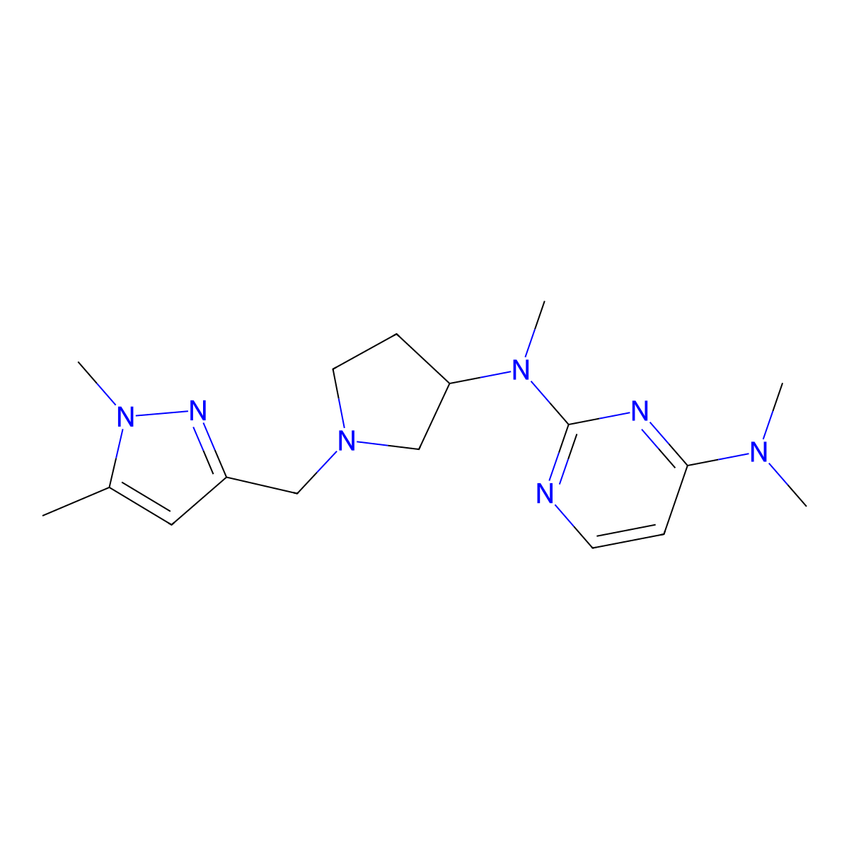 N2-{1-[(1,5-dimethyl-1H-pyrazol-3-yl)methyl]pyrrolidin-3-yl}-N2,N4,N4-trimethylpyrimidine-2,4-diamine molecular structure, CAS 3054623-43-4