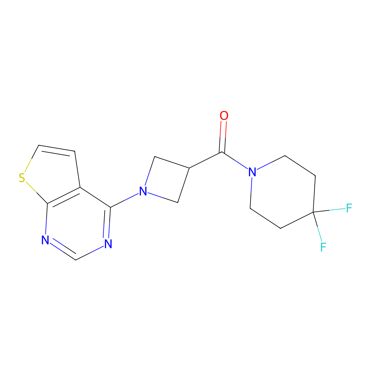 4,4-Difluoro-1-(1-{thieno[2,3-d]pyrimidin-4-yl}azetidine-3-carbonyl)piperidine molecular structure, CAS 3054623-47-8