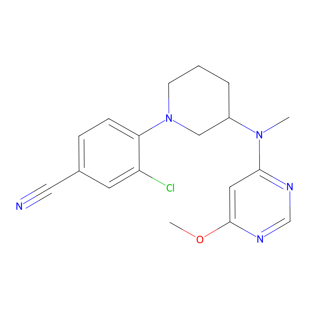 3-Chloro-4-{3-[(6-methoxypyrimidin-4-yl)(methyl)amino]piperidin-1-yl}benzonitrile molecular structure, CAS 3054623-54-7