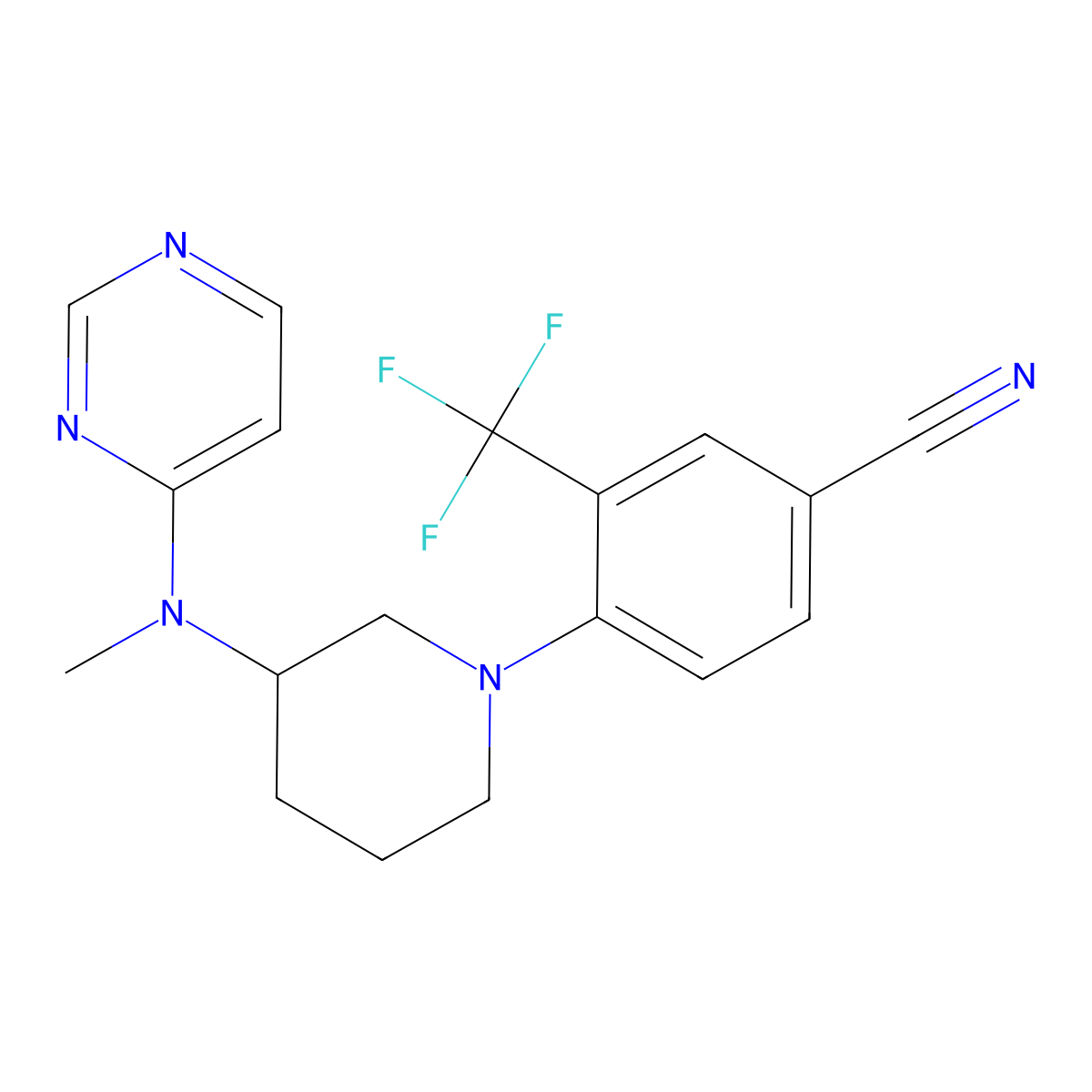 4-{3-[Methyl(pyrimidin-4-yl)amino]piperidin-1-yl}-3-(trifluoromethyl)benzonitrile molecular structure, CAS 3054623-57-0