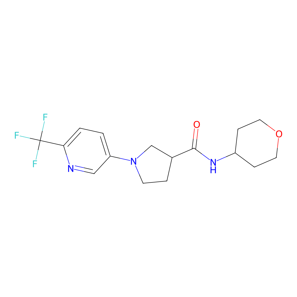 N-(oxan-4-yl)-1-[6-(trifluoromethyl)pyridin-3-yl]pyrrolidine-3-carboxamide molecular structure, CAS 3054623-59-2