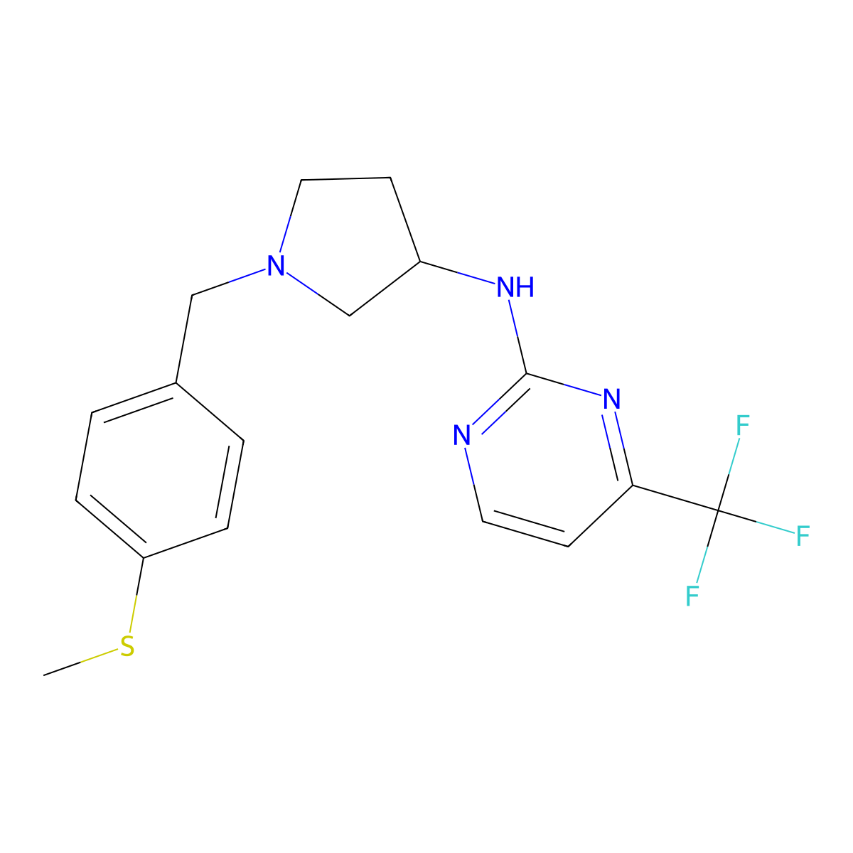 N-[1-[(4-methylsulfanylphenyl)methyl]pyrrolidin-3-yl]-4-(trifluoromethyl)pyrimidin-2-amine molecular structure, CAS 3054623-73-0