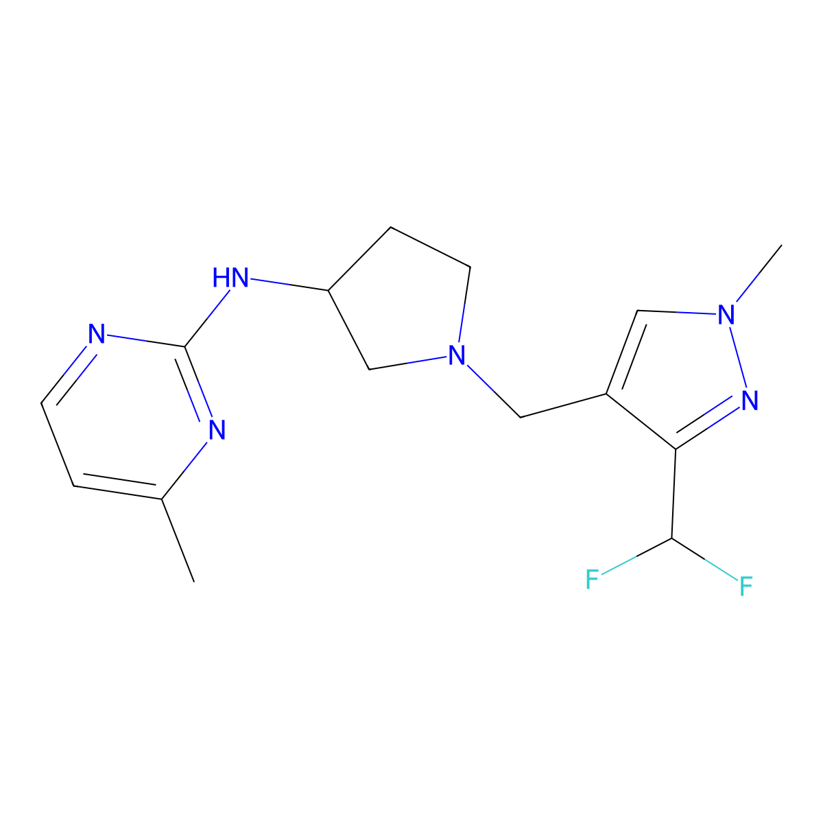 N-(1-{[3-(difluoromethyl)-1-methyl-1H-pyrazol-4-yl]methyl}pyrrolidin-3-yl)-4-methylpyrimidin-2-amine molecular structure, CAS 3054623-74-1