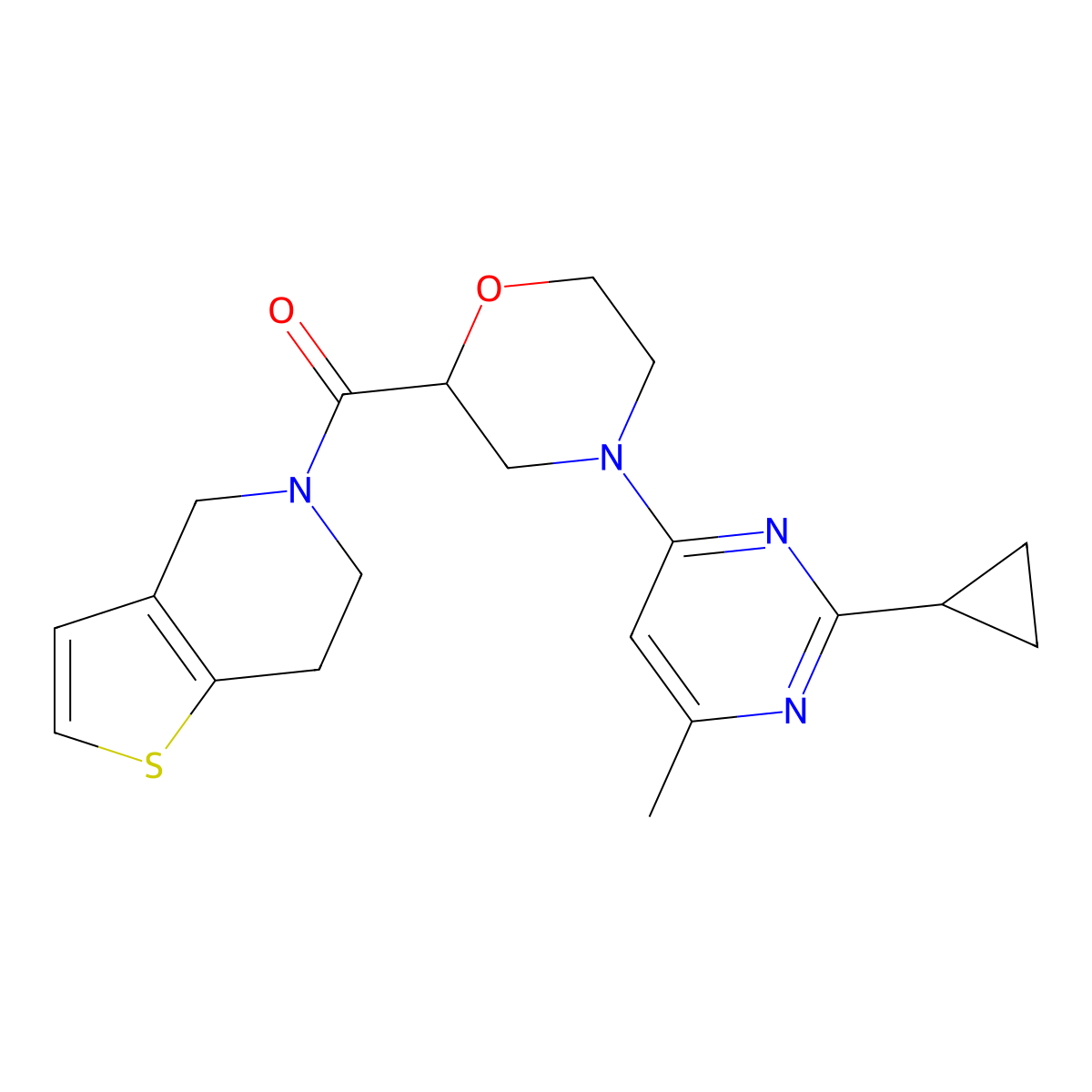4-(2-cyclopropyl-6-methylpyrimidin-4-yl)-2-{4H,5H,6H,7H-thieno[3,2-c]pyridine-5-carbonyl}morpholine molecular structure, CAS 3054623-75-2