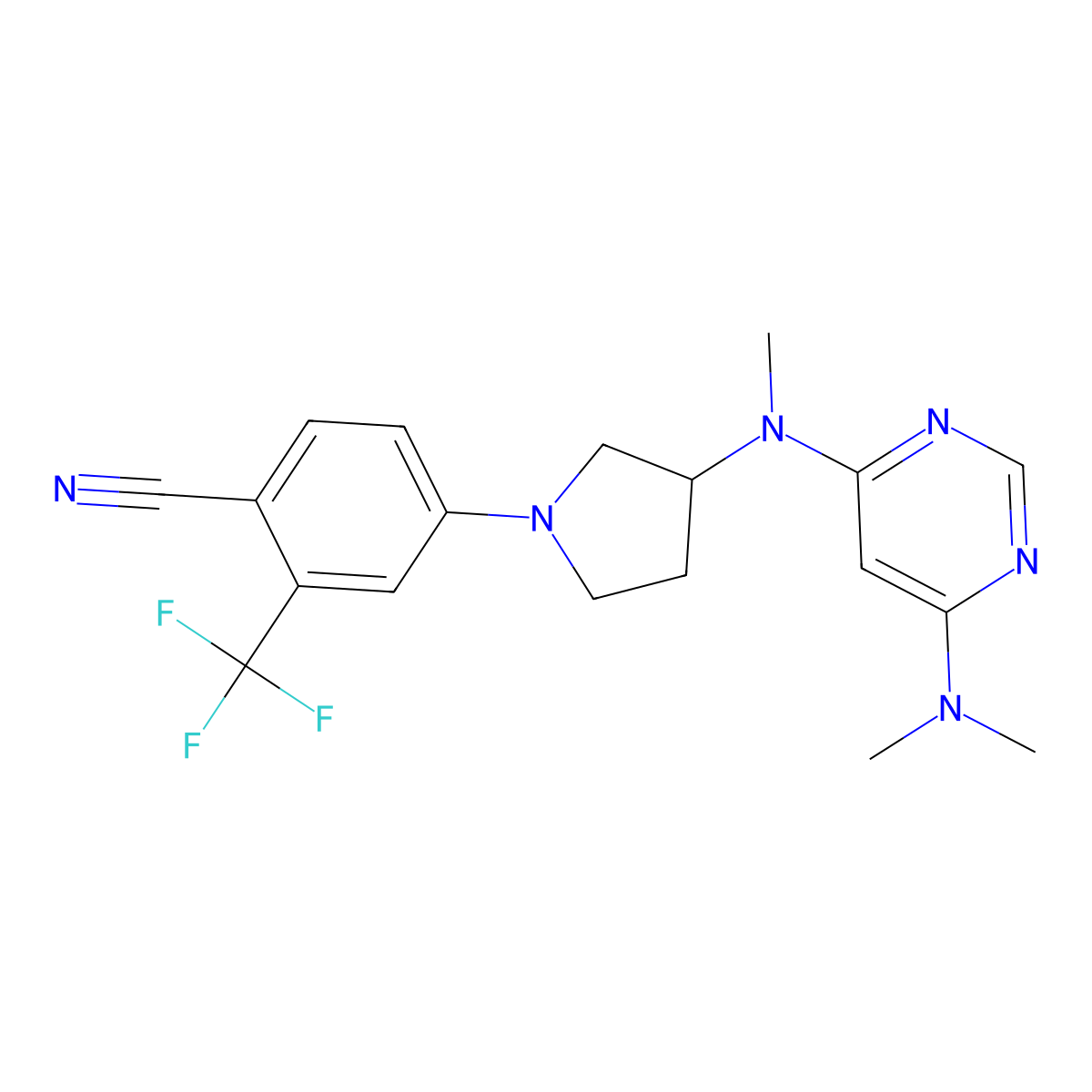 4-(3-{[6-(Dimethylamino)pyrimidin-4-yl](methyl)amino}pyrrolidin-1-yl)-2-(trifluoromethyl)benzonitrile molecular structure, CAS 3054623-81-0