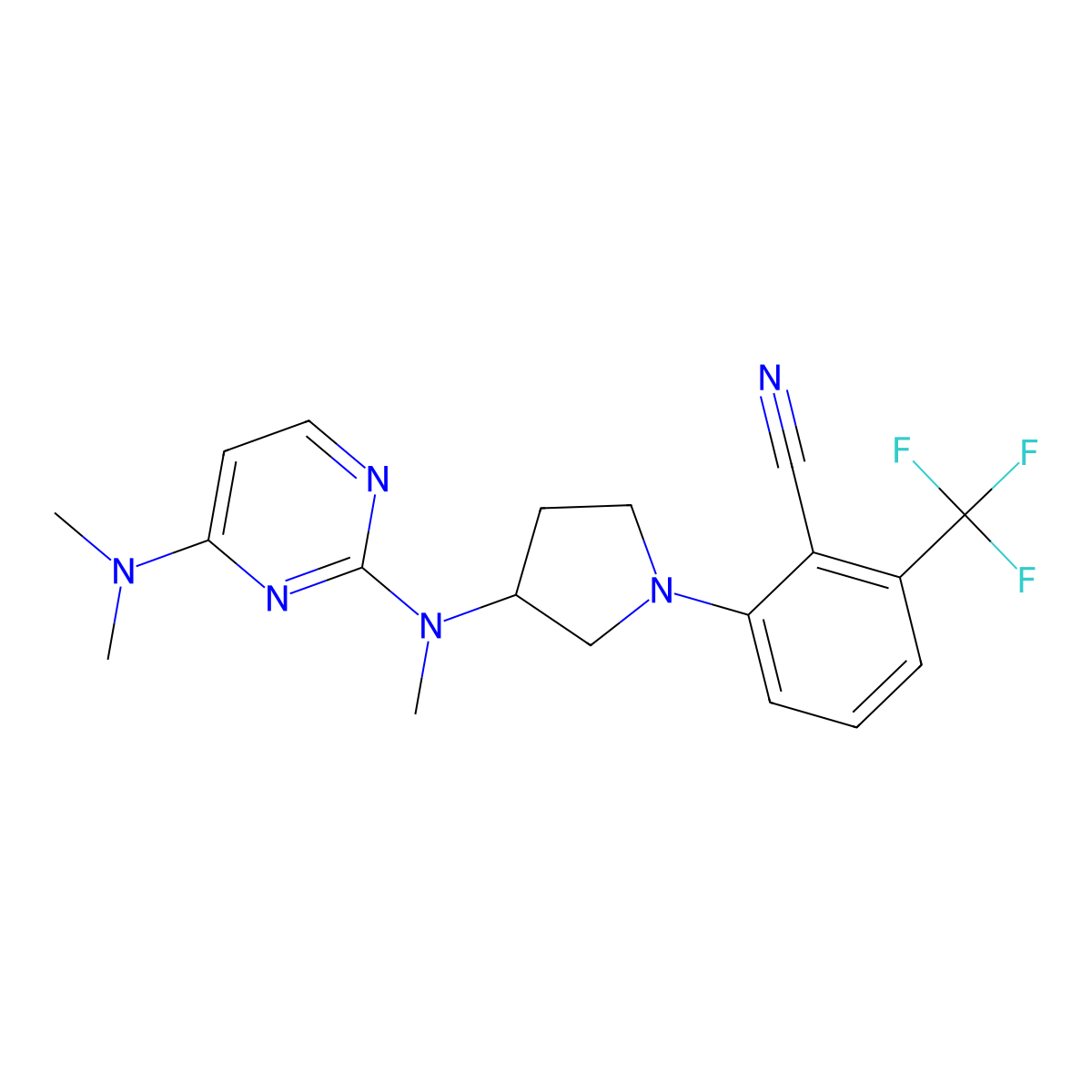 2-(3-{[4-(Dimethylamino)pyrimidin-2-yl](methyl)amino}pyrrolidin-1-yl)-6-(trifluoromethyl)benzonitrile molecular structure, CAS 3054623-88-7