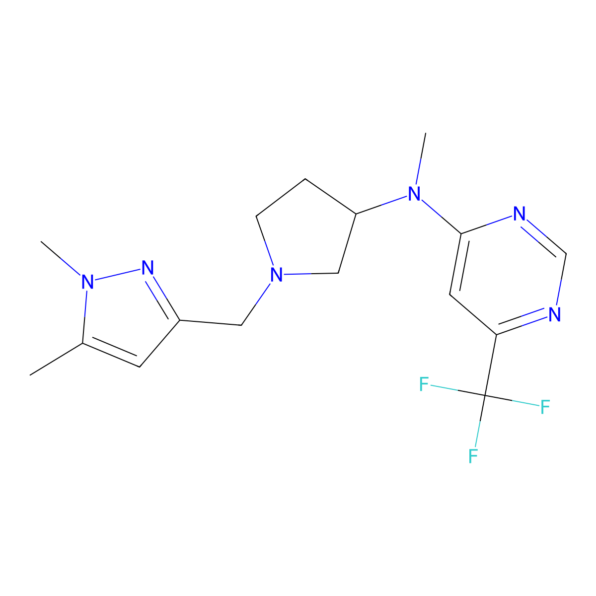 N-{1-[(1,5-dimethyl-1H-pyrazol-3-yl)methyl]pyrrolidin-3-yl}-N-methyl-6-(trifluoromethyl)pyrimidin-4-amine molecular structure, CAS 3054623-90-1