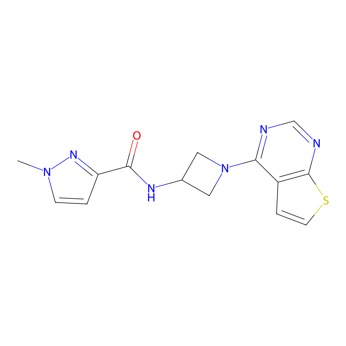 1-methyl-N-(1-{thieno[2,3-d]pyrimidin-4-yl}azetidin-3-yl)-1H-pyrazole-3-carboxamide molecular structure, CAS 3054623-96-7