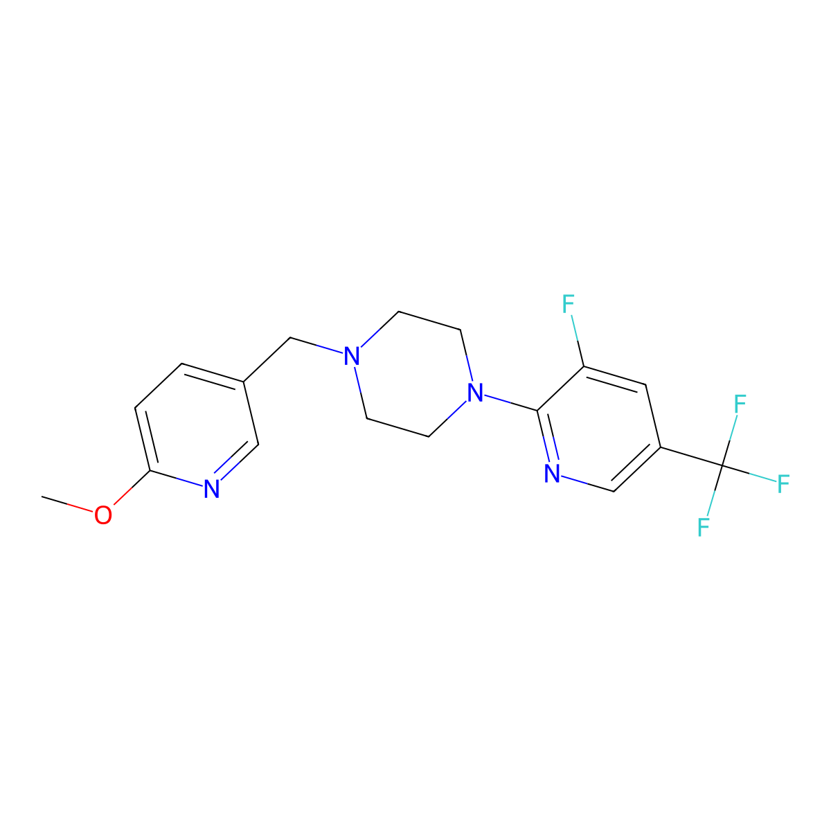 1-[3-Fluoro-5-(trifluoromethyl)pyridin-2-yl]-4-[(6-methoxypyridin-3-yl)methyl]piperazine molecular structure, CAS 3054623-99-0