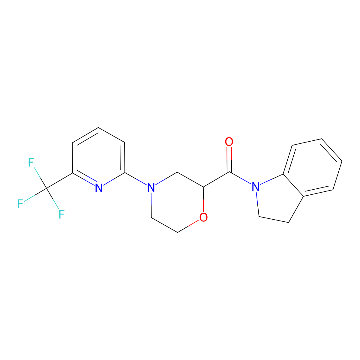 1-{4-[6-(trifluoromethyl)pyridin-2-yl]morpholine-2-carbonyl}-2,3-dihydro-1H-indole molecular structure, CAS 3054624-01-7
