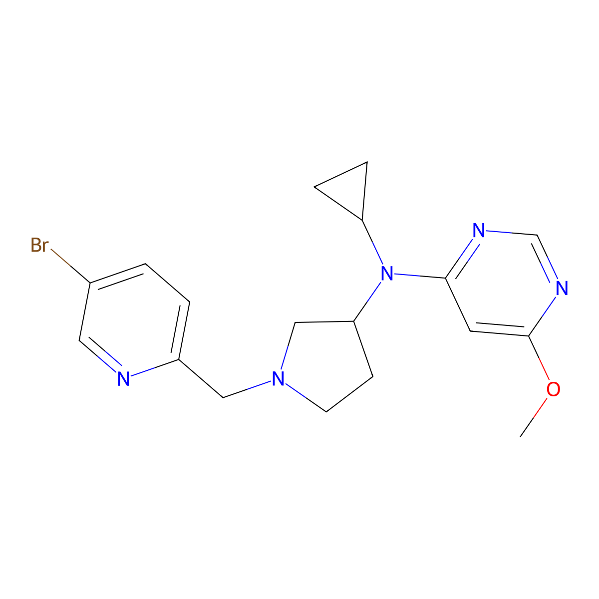 N-{1-[(5-bromopyridin-2-yl)methyl]pyrrolidin-3-yl}-N-cyclopropyl-6-methoxypyrimidin-4-amine molecular structure, CAS 3054624-06-2