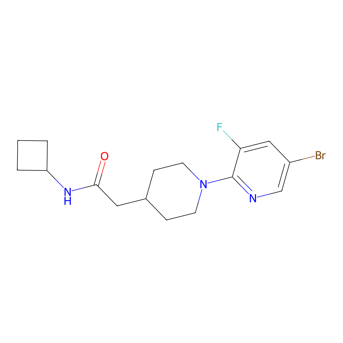 2-[1-(5-bromo-3-fluoropyridin-2-yl)piperidin-4-yl]-N-cyclobutylacetamide molecular structure, CAS 3054624-10-8