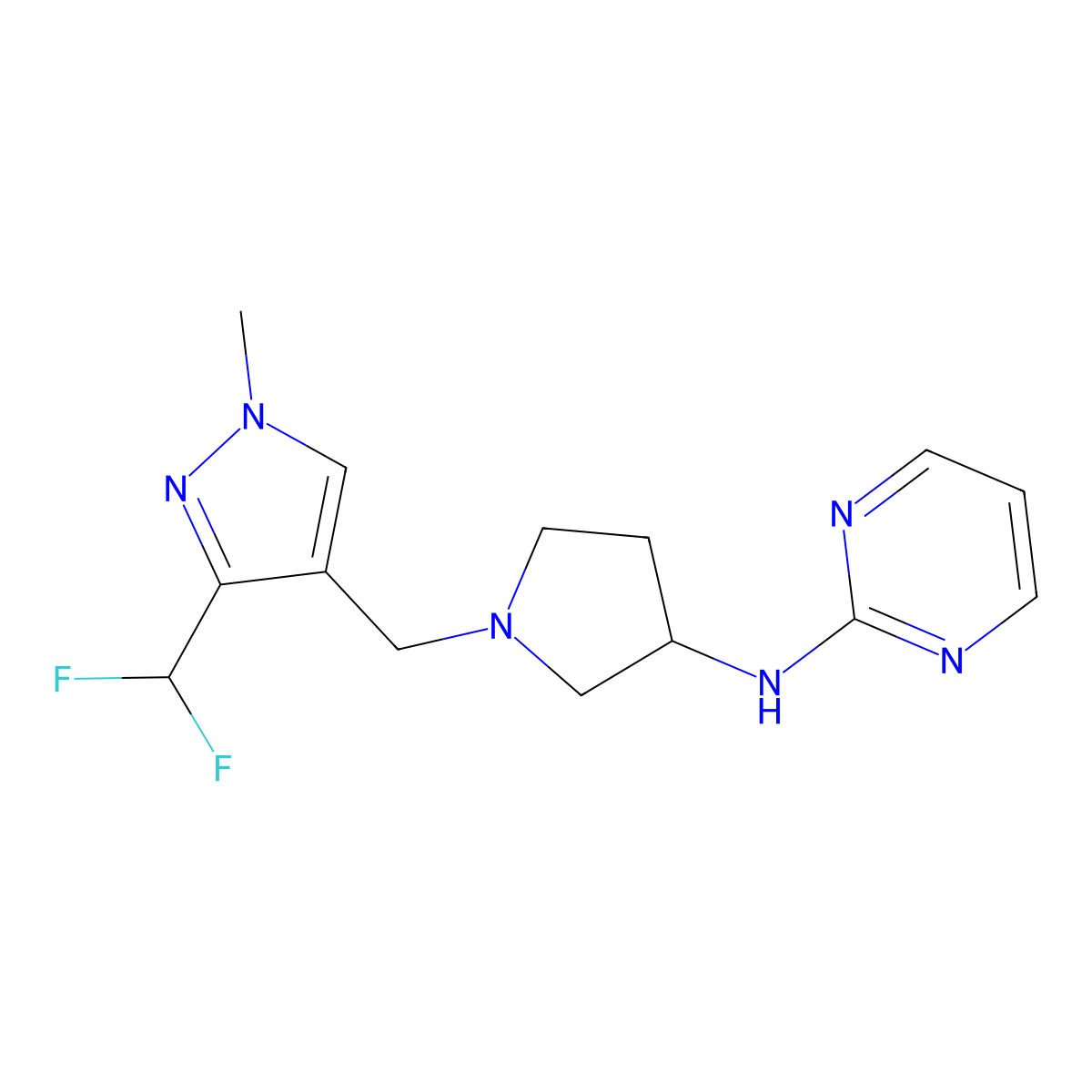 N-(1-{[3-(difluoromethyl)-1-methyl-1H-pyrazol-4-yl]methyl}pyrrolidin-3-yl)pyrimidin-2-amine molecular structure, CAS 3054624-14-2