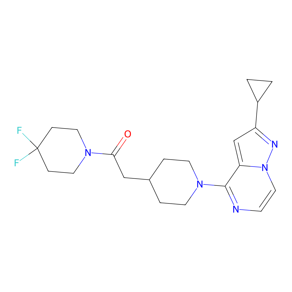 2-(1-{2-Cyclopropylpyrazolo[1,5-a]pyrazin-4-yl}piperidin-4-yl)-1-(4,4-difluoropiperidin-1-yl)ethan-1-one molecular structure, CAS 3054624-18-6