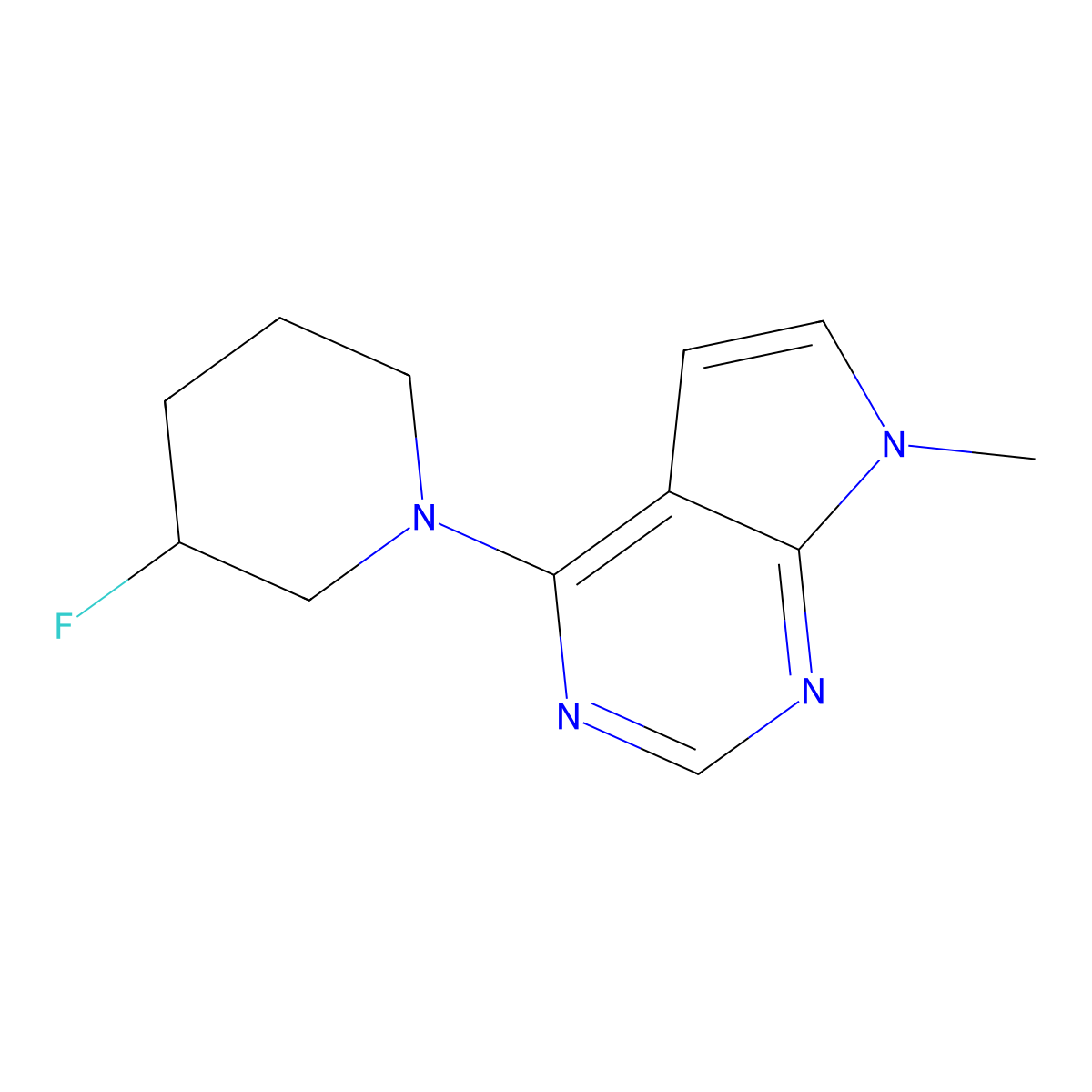 3-fluoro-1-{7-methyl-7H-pyrrolo[2,3-d]pyrimidin-4-yl}piperidine molecular structure, CAS 3054624-24-4