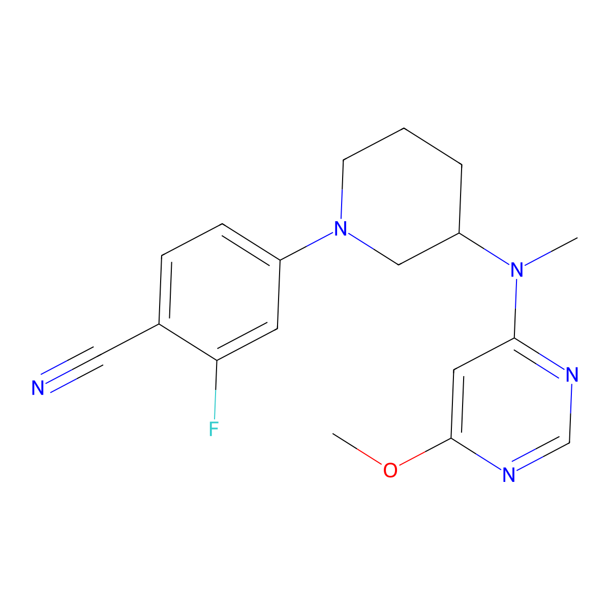 2-Fluoro-4-{3-[(6-methoxypyrimidin-4-yl)(methyl)amino]piperidin-1-yl}benzonitrile molecular structure, CAS 3054624-29-9