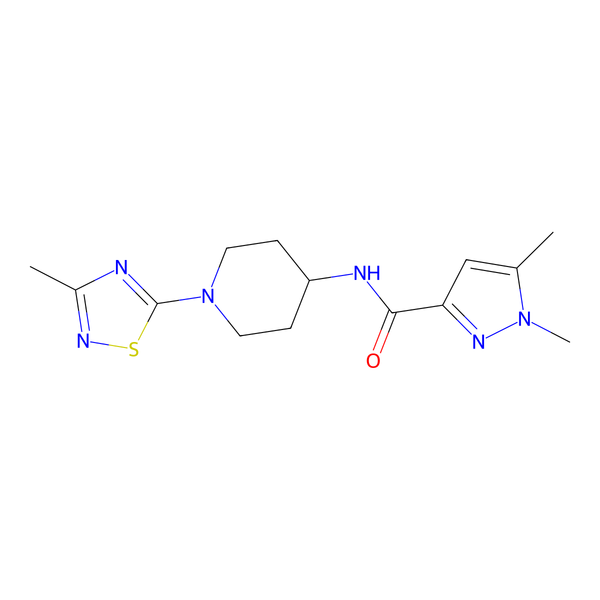 1,5-dimethyl-N-[1-(3-methyl-1,2,4-thiadiazol-5-yl)piperidin-4-yl]-1H-pyrazole-3-carboxamide molecular structure, CAS 3054624-31-3