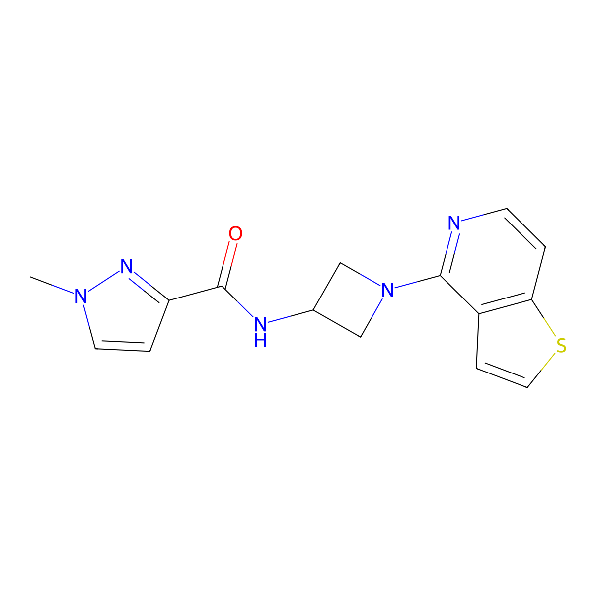 1-methyl-N-(1-{thieno[3,2-c]pyridin-4-yl}azetidin-3-yl)-1H-pyrazole-3-carboxamide molecular structure, CAS 3054624-34-6