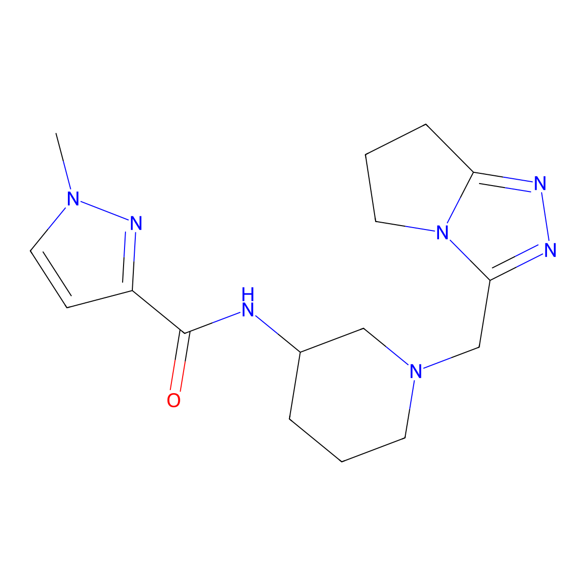 1-methyl-N-[1-({5H,6H,7H-pyrrolo[2,1-c][1,2,4]triazol-3-yl}methyl)piperidin-3-yl]-1H-pyrazole-3-carboxamide molecular structure, CAS 3054624-35-7